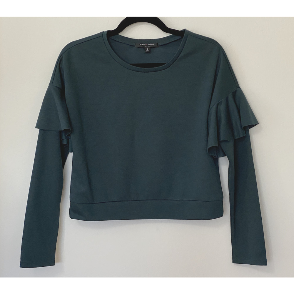 Romeo & Juliet Hunter Green Ruffle Long Sleeve Knit Round Neck Sweater S
